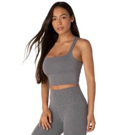Beyond Yoga Heather Rib Square Neck Cropped Yoga Tank Top Gray Heather